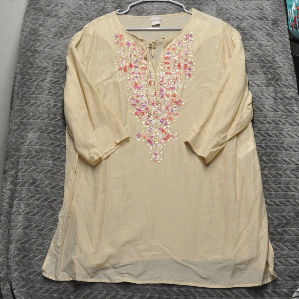 Chico's Silk Blend Tunic 3 Beige Embroidered Sequin Bib 3/4 Sleeve (1762)